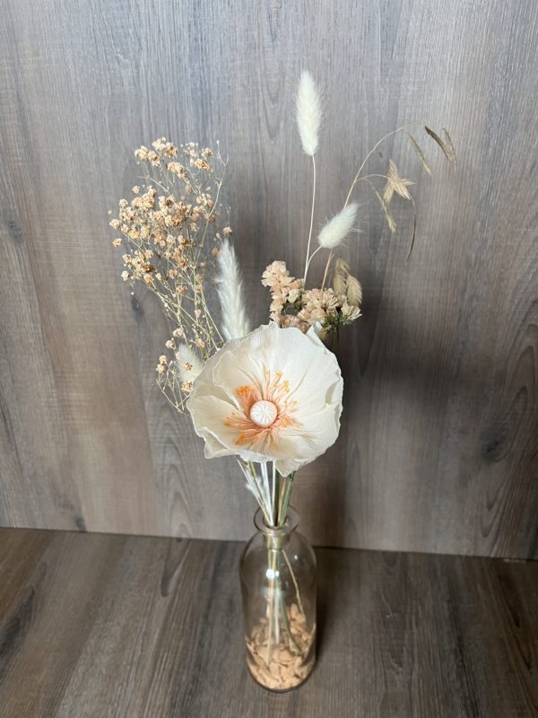 Un pavot "crème" éternel en papier avec vase et fleurs séchées