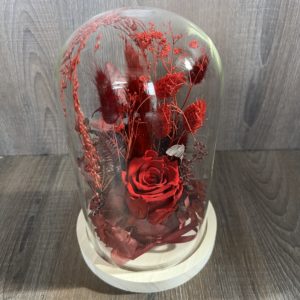 Cloche avec une rose éternelle rouge et fleurs assorties ( Taille L)