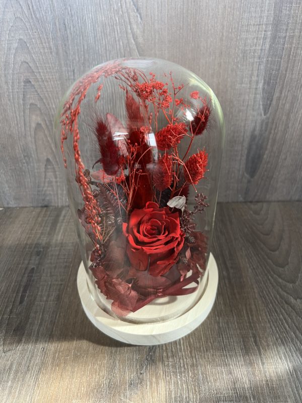 Cloche avec une rose éternelle rouge et fleurs assorties ( Taille L)