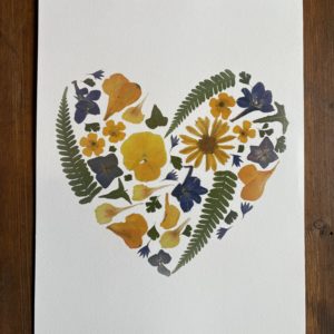 Affiche A4 impression "fleurs en coeur" bleu-jaune-vert